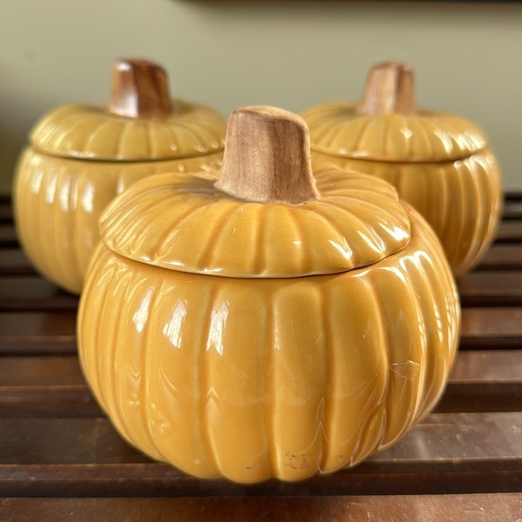 3 Williams Sonoma Ceramic Pumpkin Bowls Jars with Lids Autumn Fall Decorations - Picture 2 of 7